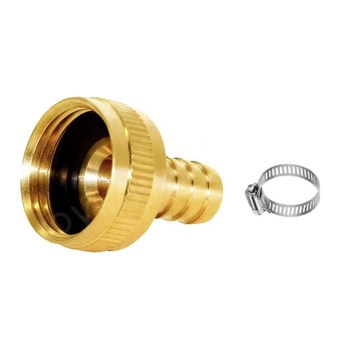 Brass Garden Hose Repair Connector 5/8 Barb To 3/4 GHT Female Adapter For Leak Free Connection Rust Resistant And Built Tough For Quick Hose Fix And Easy Backyard Setup, brass with clamp
