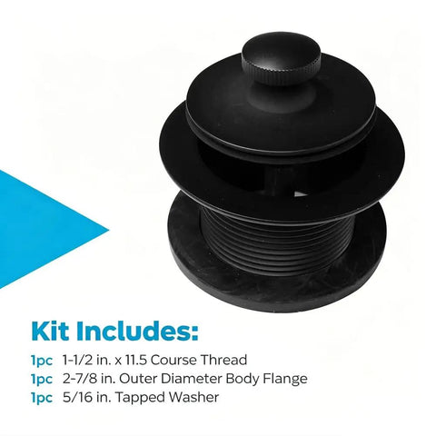 kousoer Bathtub Drain Plug Matte Black with Supplied Faceplate Screws top view showing black flange and threaded design.