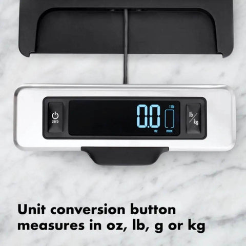 Stainless Steel Kitchen Scale With Pull Out Display, 11 Pound Capacity showing digital readout and unit conversion button