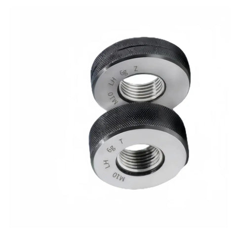Two Left Metric Fine Tooth Thread Ring Gauges for Internal Threads, made from GR15 Bearing Steel with 58 to 65 HRC hardness.