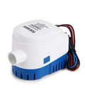 12V Submersible Bilge Pump For Boats With Built In Auto Float Switch 1200 GPH, blue and white compact design with wiring visible.