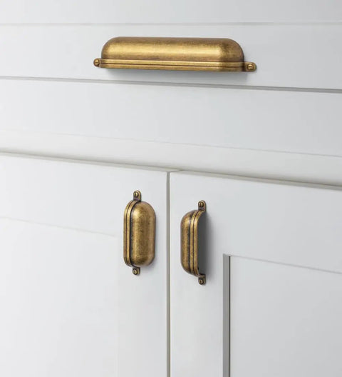Antique Brass Cup Drawer Pulls For Cabinets Zinc Alloy 3 Inch Hole Center Bin Cup Pulls 6 Pack Cabinet Handles Installed