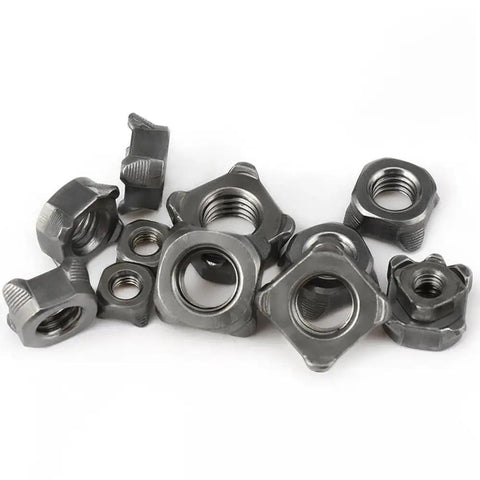 Built Tough Heavy Hitter Carbon Steel Square Welding Nuts M4 to M12 in various sizes for industrial metal shop applications.