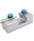 Dope Stick Transfer Jig for Gem Work Easy Aligner Locator and Bonding Converter, durable carbon steel, blue knobs, side view.