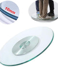 Heavy Duty Glass Lazy Susan Turntable With Sturdy Metal Base And 360 Degree Spin For Family Style Dining Or Display Wide Round Diameter From 24 To 47 Inches And Non Slip Grippy Pad, shown with 10mm glass thickness and people standing on it.