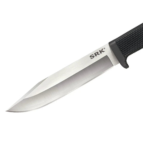 SRK Tactical Fixed Blade Knife with 6 inch VG 10 San Mai clip point, close-up of razor sharp blade and part of Kray Ex handle.