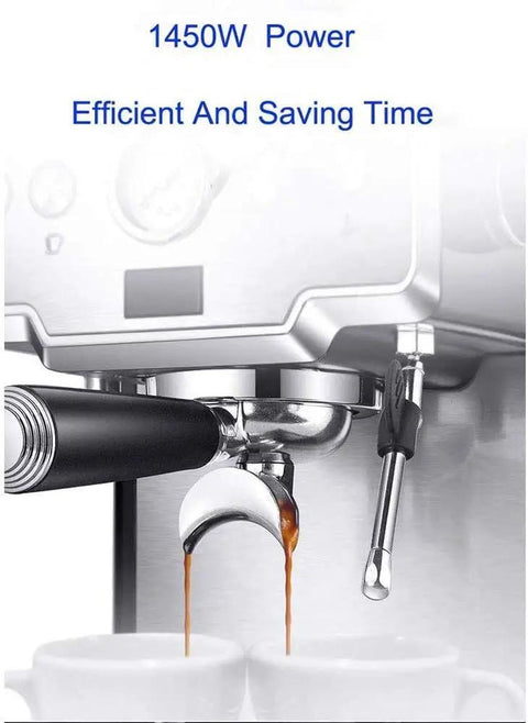 Close-up of Barista Level Semi Automatic Espresso Machine With Milk Frother For Cappuccinos And Lattes, pouring coffee