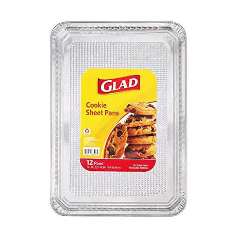Top view of 12 disposable aluminum cookie sheets for baking and roasting, 16 by 11 inch, textured bottom for easy release, foil pans