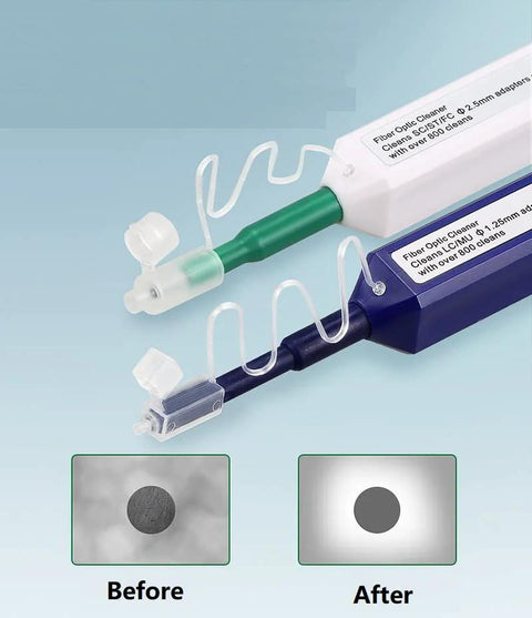 Front view of Enajucy fiber optic cleaner pens, 2pcs for LC/MU 1.25mm and SC/FC 2.5mm connectors, Amazon.