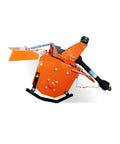 Side view of Workhorse 53 Inch 3 Point Rotary Tiller Attachment For Cat 1 Tractors With PTO Drive 540 RPM Gearbox shown