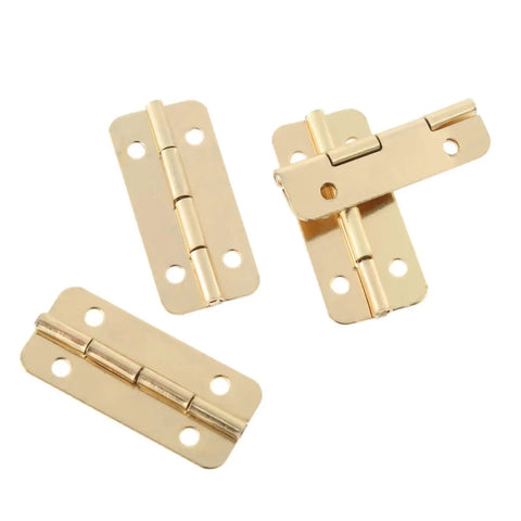Top Shelf Gold Decorative Furniture Hinges 10 Pack Of 37 By 17 Mm Cabinet Drops Snazzy Vintage Drop Front close-up view of gold metal hinges.