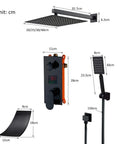 UMJIGF Led Digital Display Shower System Wall Mounted Concealed Shower Faucet Set Multifunction Matte Black Shower Combo Set with Shower Head, Handheld Shower, Waterfall Tub SPO,8 Inch dimensions and components layout.