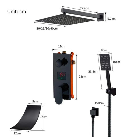 UMJIGF Led Digital Display Shower System Wall Mounted Concealed Shower Faucet Set Multifunction Matte Black components and dimensions.