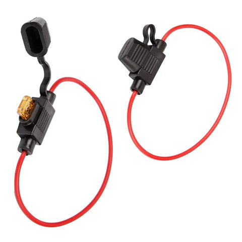Mini Blade Fuse Holder 18 AWG Waterproof Inline Fuse Kit With 5A ATM Fuses 2 Pack for cars trucks audio systems shown with red wires