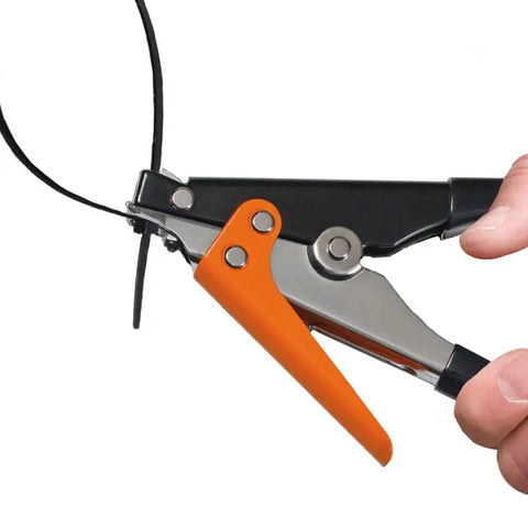 Hand using Pro Grade Heavy Duty Cable Tie Tensioning Tool for 120 to 250 Pound Ties with Grippy Handle in action