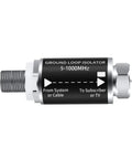 Ultimate TV Audio Noise Eliminator for Cable and Antenna Coax 75 Ohm Ground Loop Isolator shown with connectors and frequency range.