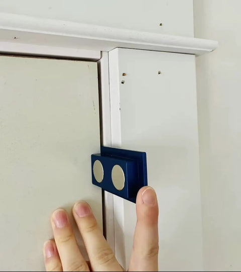 Magnetic Stud Finder With Trim Reveal Gauges For 1/4 Inch And 1/2 Inch, Plus 1/8 Inch Door Gap Gauge being used on a door frame