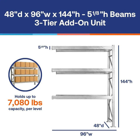 Heavy Duty Galvanized Teardrop Pallet Rack Add On Unit Three Tier No Decking Included Rock Solid Steel Build For Garage Or Warehouse Jobs With Beefy Seventeen Six Hundred Twenty Pound Per Level Capacity 48X96X144