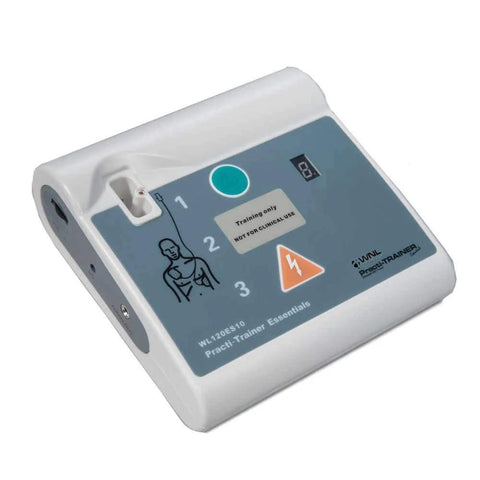 Front view of WL120ES10 Practi-Trainer Essentials AED training base with blue panel and 1–3 indicators