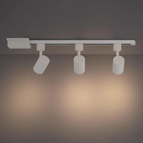 Amped Collection 3 Light LED Track Kit With 4ft Track And Floating Feed In White Finish, illuminated with warm white light