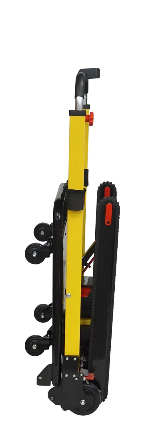 Voltstair Hercules Motorized Battery Stair Climbing Hand Truck Portable Electric Dolly side view with wheels folded for storage.