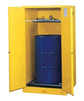 Heavy Duty Steel Two Door Vertical Flammables Storage Cabinet For 55 Gallon Drums with blue drum and half depth shelf.