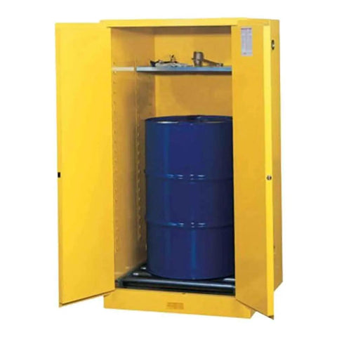 Heavy Duty Steel Two Door Vertical Flammables Storage Cabinet For 55 Gallon Drums with blue drum and half depth shelf.