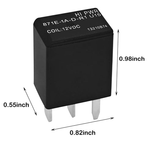 Image of a black 12VDC 35A 4 Pin General Purpose Automotive Relay Pack Of 2 For Beefy High Current Switching with dimensions and socket terminals.