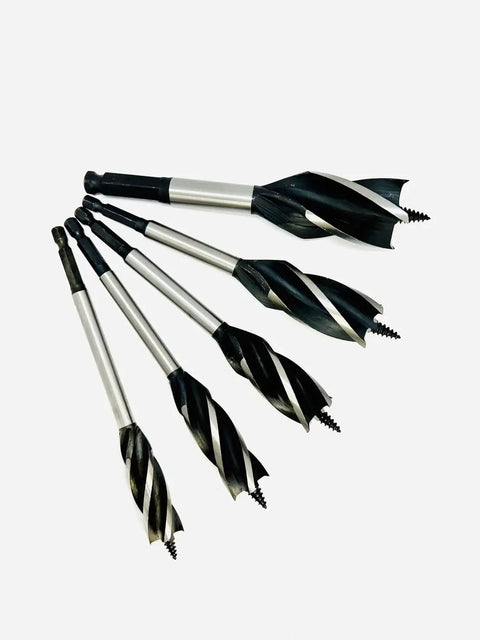 Heavy Duty Five Piece Wood Drill Bit Set With Four Flute Auger Design For Faster Chip Ejection And Smooth Clean Holes On Tough Lumber No Sweat Projects Guaranteed Badass Performance showing details of precision ground cutting spurs.