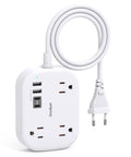 US To European Travel Plug Adapter With 3 Foot Extension Cord Type C E F Power Converter, white with USB ports and plug.