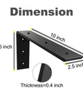 Diagram showing dimensions of Beefy Hidden L Shelf Countertop Bracket Heavy Duty 3 Eighth Inch Thick 10 By 6 By 2.5 Inch Metal Corbels.