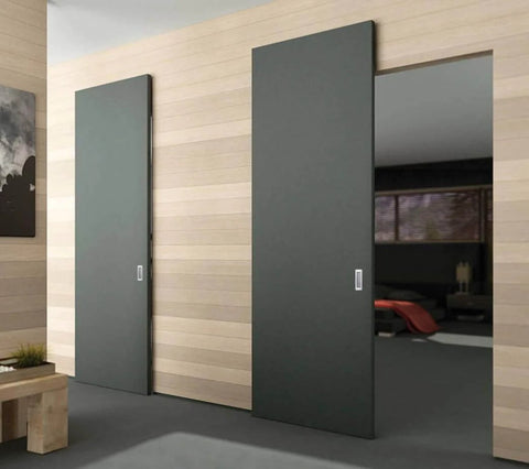 Interior Hidden Barn Door Sliding Kit With Concealed Hardware, 36 Inch By 84 Inch, Black Matte Finish Planum 0010 installed