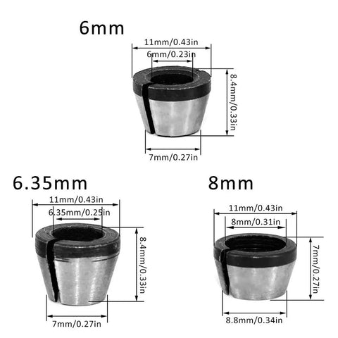 Six Piece Router Bit Collet Chuck Set With Six Millimeter Six Point Three Five Millimeter And Eight Millimeter Collets dimensions