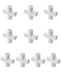 10 glossy white 4 Way 1/2 Inch Cross PVC Fitting connectors for DIY furniture and PVC structures, furniture grade, front view.