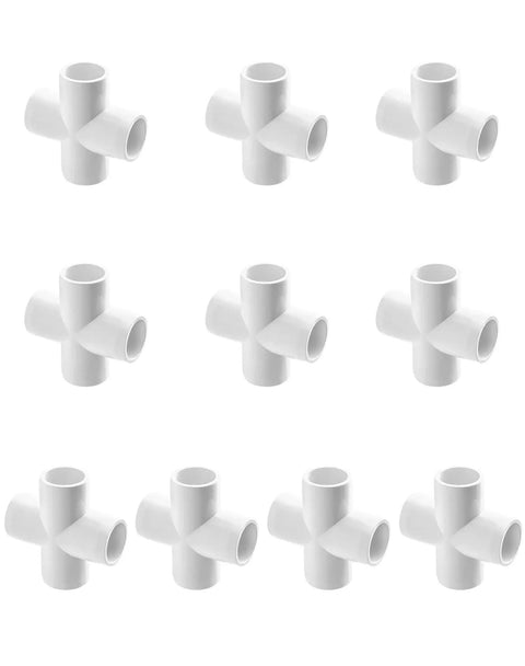 10 glossy white 4 Way 1/2 Inch Cross PVC Fitting connectors for DIY furniture and PVC structures, furniture grade, front view.