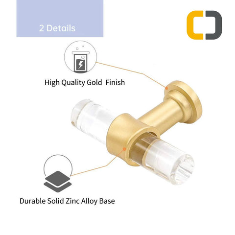 Close-up of Ultra Cool 3 Inch Crystal Clear Acrylic Drawer Pulls with Sleek Gold Accents showing gold finish and zinc alloy base