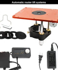Smooth Operator Motorized Router Lift For 3 1/2 Inch Diameter Routers features lift plate, aluminum base, controller, and insert rings.