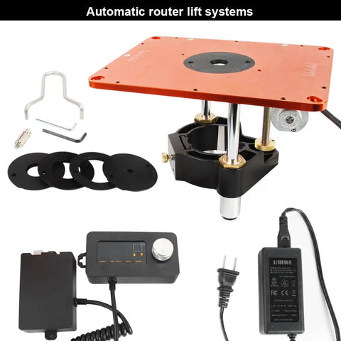 Smooth Operator Motorized Router Lift For 3 1/2 Inch Diameter Routers features lift plate, aluminum base, controller, and insert rings.