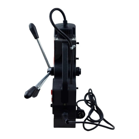 Side view of Heavy Duty Magnetic Drill Press For Steel Engineering Jobs with adjustable levers and DC power cord.