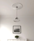 Eryn Ceiling Medallion 24 3/4 Inch Outside Diameter with light fixture in modern room setting, factory primed and ready to install