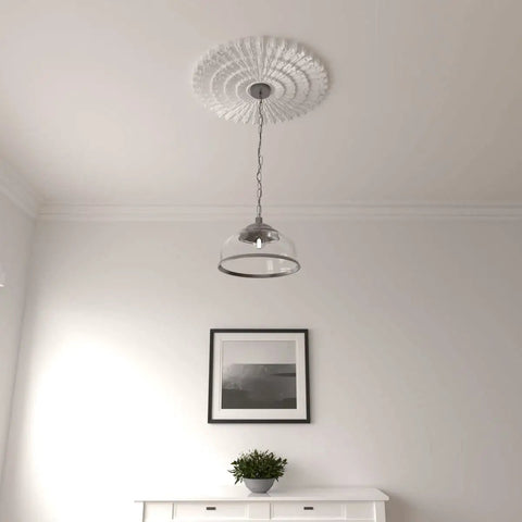 Eryn Ceiling Medallion 24 3/4 Inch Outside Diameter with light fixture in modern room setting, factory primed and ready to install