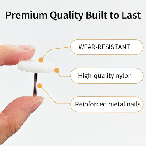 Top Shelf White Nylon Chair Leg Glides 24 Pack With Solid Metal Nails 1 Inch showing durable nylon and metal nail construction.