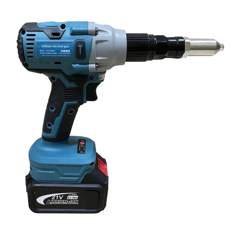 Heavy Duty 21 Volt Brushless Cordless Electric Rivet Gun With Easy Push Trigger Action and Full Shop Ready Kit, side view.