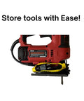 Red power tool with yellow clamp, image of Three Pack Universal Cord Clamp Extension Cord Safety Connector Cover And Outdoor Cord Holder