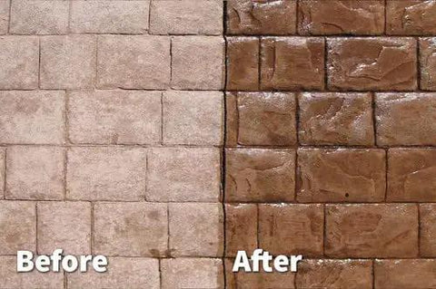 Before and after comparison of stamped concrete with Heavy Duty 25 Percent High Solids Styrene Acrylic Concrete Sealer.