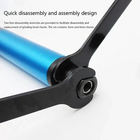 Pro Grade Micro Pneumatic Air Pencil Die Grinder Kit showing quick disassembly design with blue body and black wrenches included.