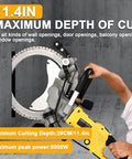 Heavy Duty Wet Concrete Saw Featuring Beast Mode 5000W Brushless Motor With Adjustable Depth, showing max cutting depth of 11.4 inches.