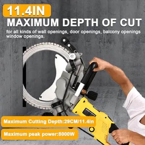 Heavy Duty Wet Concrete Saw Featuring Beast Mode 5000W Brushless Motor With Adjustable Depth, showing max cutting depth of 11.4 inches.