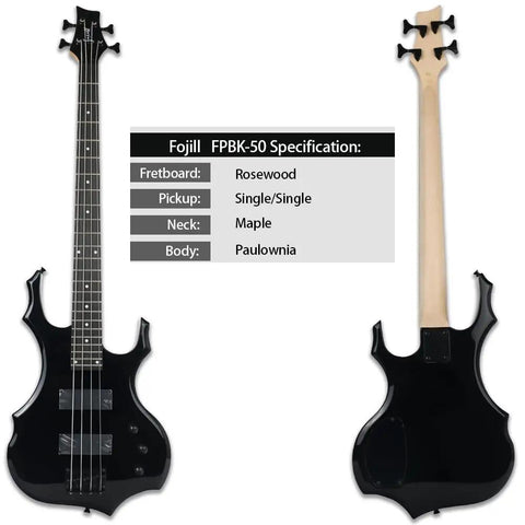 Front and back view of Cool Shape 4 String Electric Bass Guitar Kit With 20W Amplifier For Beginners, showing rosewood and maple.