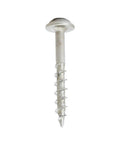 Close-up of a screw from Pack Of 1000 Pocket Hole Deck Screws Heavy Duty Number Eight By One And A Quarter Inch Square Drive With Round Washer Head For Wood Deep Coarse Thread Self Tapping Type Seventeen Auger Point Works With Kreg Jigs